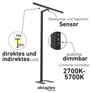 Schwarze Oktaplex Lund LED Stehleuchte mit Sensor, dimmbar, für Büro & Arbeitszimmer.
