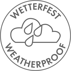 Symbol: Wetterfest. Wolke mit Regentropfen im Kreis.
