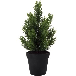 Kleine grüne Kunsttanne im schwarzen Topf, ca. 25 cm hoch. Dekorative Zimmerpflanze für Weihnachten.