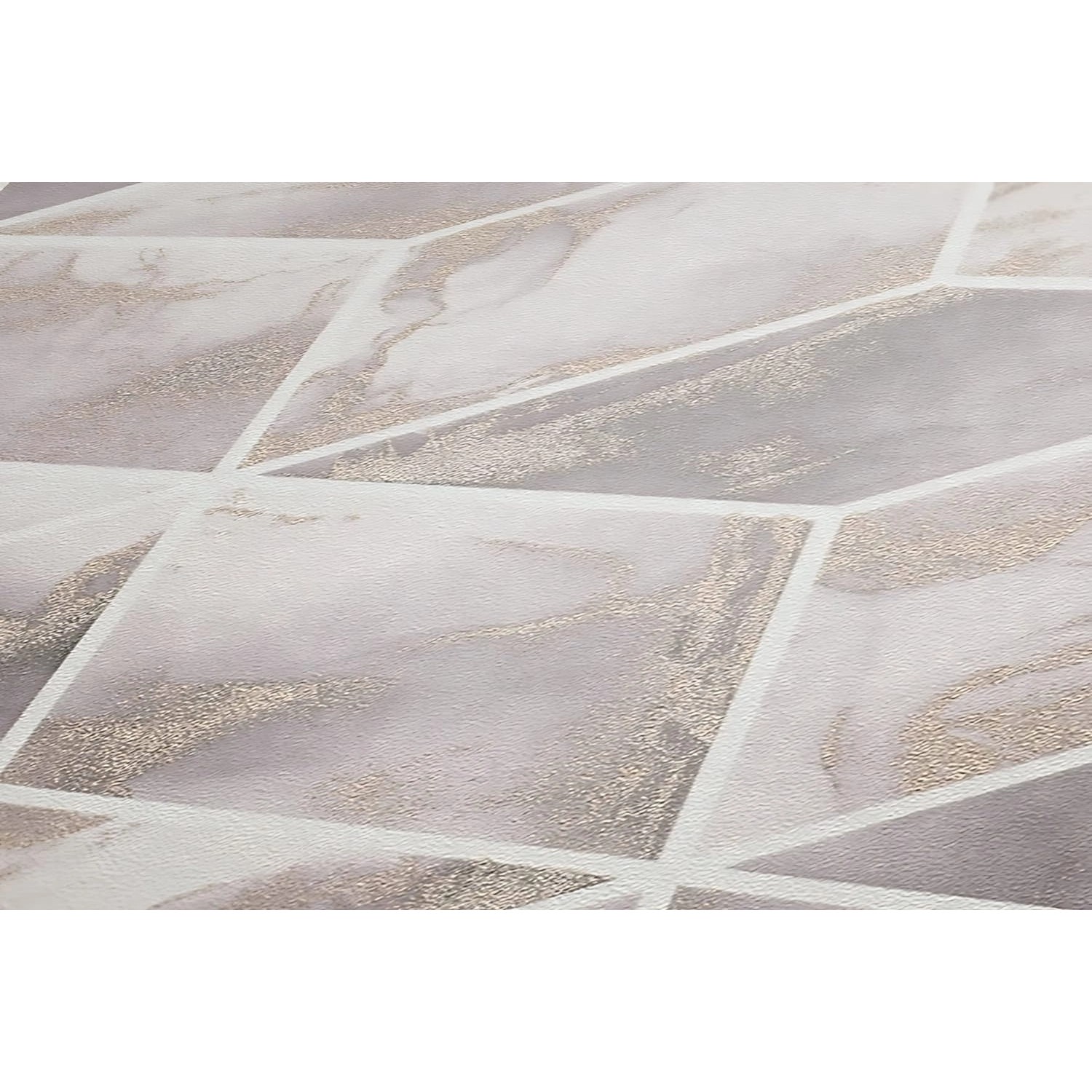 Grafik Tapete in Rosa, Gold und Weiß mit geometrischem Muster.