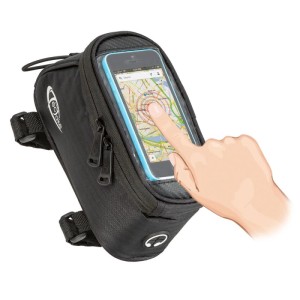 Schwarze Tectake Fahrradtasche mit Rahmenbefestigung und bedienbarem Smartphone-Fach.