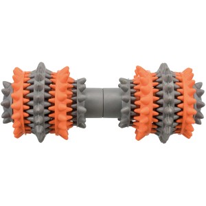 Jollypaw Hantel, Kauspielzeug aus Naturgummi, 18 cm, mit Noppen in Orange und Grau.