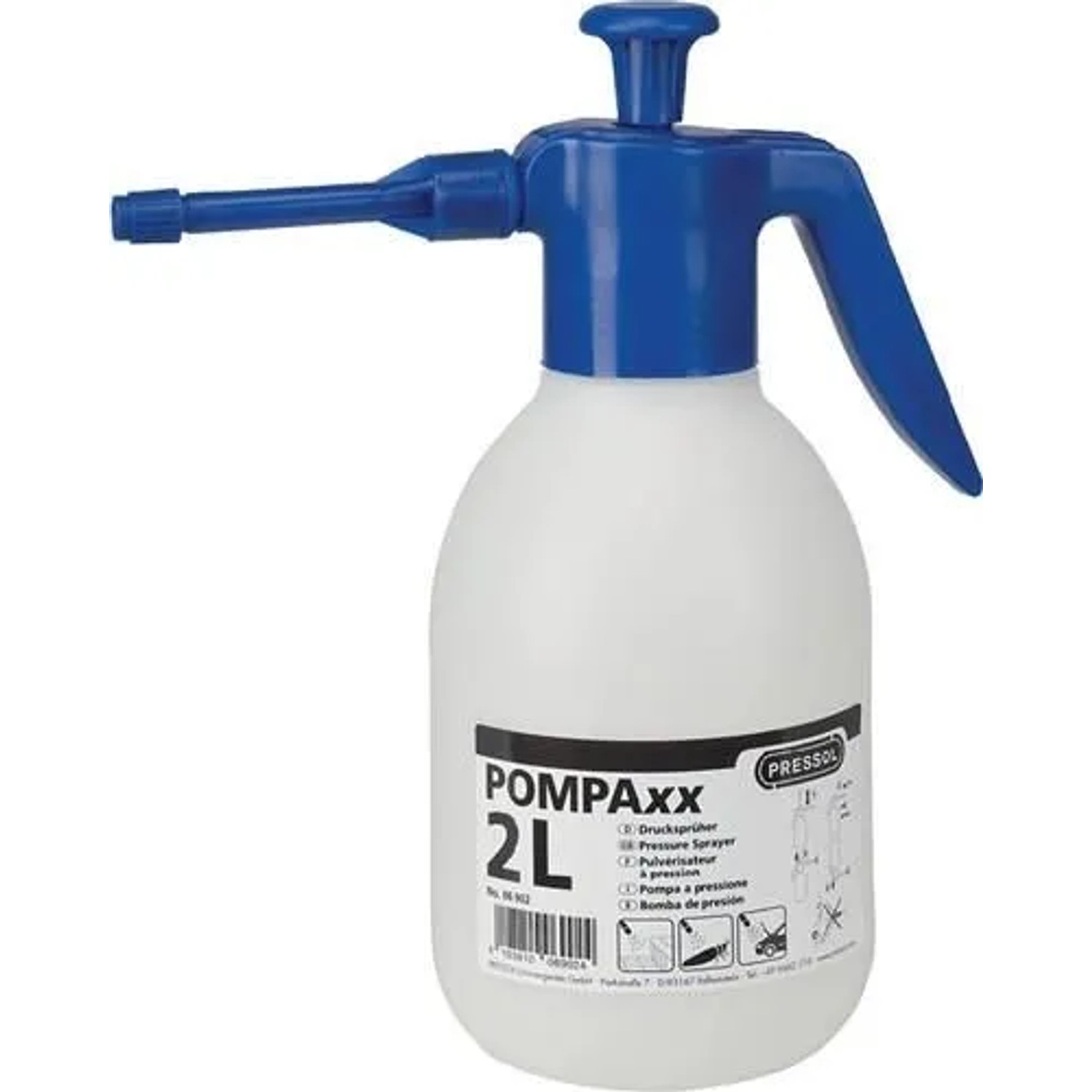 Pressol Pompaxx Drucksprüher 2 L, weiß mit blauem Pumpkopf und verstellbarer Düse für Reinigung.