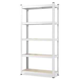 Weißes Schwerlastregal mit 5 Böden für Keller und Werkstatt, Gesamtlast 875 kg.