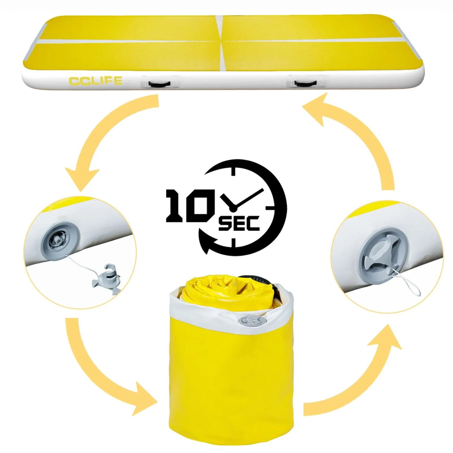 Gelbe CCLIFE Airtrack Matte, aufblasbar, zeigt schnelles Aufblasen/Entleeren in 10 Sek. Ideal für Gymnastik & Training.