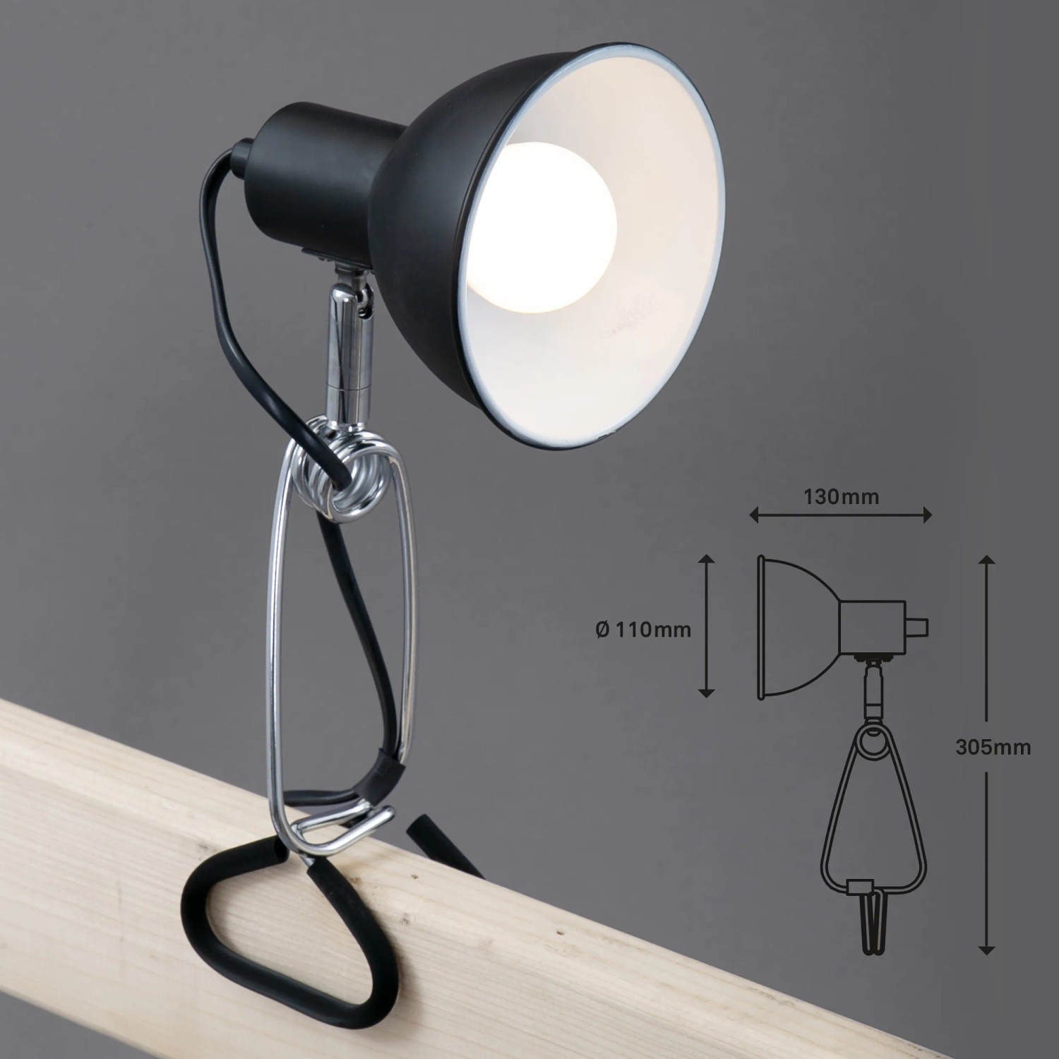 Briloner Klemmleuchte in Schwarz-Chrom, flexible Leselampe mit Kabelschalter für Regale und Tische.