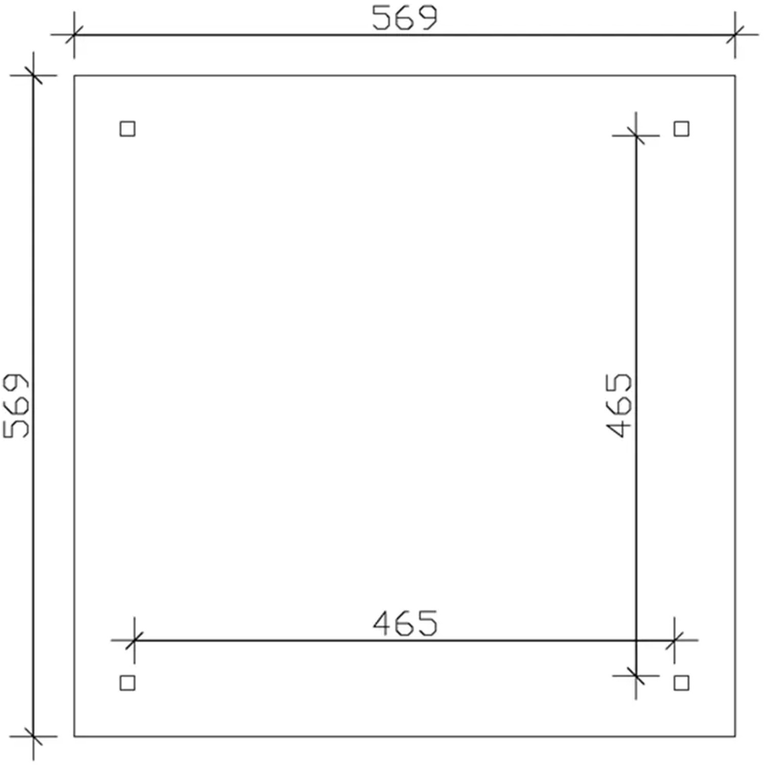 Grundriss Skan Holz Pavillon Cannes 4: Quadratischer Holz-Pavillon 489x489cm mit Maßangaben.