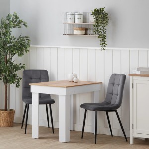 Homestyle4u Esszimmerstuhl 6er Set Anthrazit Samt mit Esstisch und Dekoration.