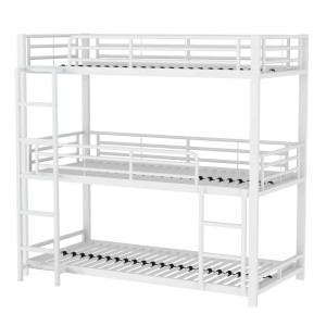 Weißes okwish Etagenbett, 90x200 cm, Metallbett ohne Matratze, mit drei Liegeflächen.