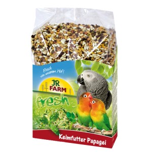 JR Farm Großsittichfutter Keimfutter Papagei 1kg Packung mit Papageienabbildung.