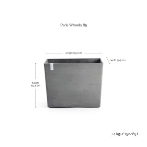 Ecopots Pflanztopf Paris Rollen Grau, 65x85x40cm. Rechteckiger Pflanzkübel mit Rollen und Maßangaben.