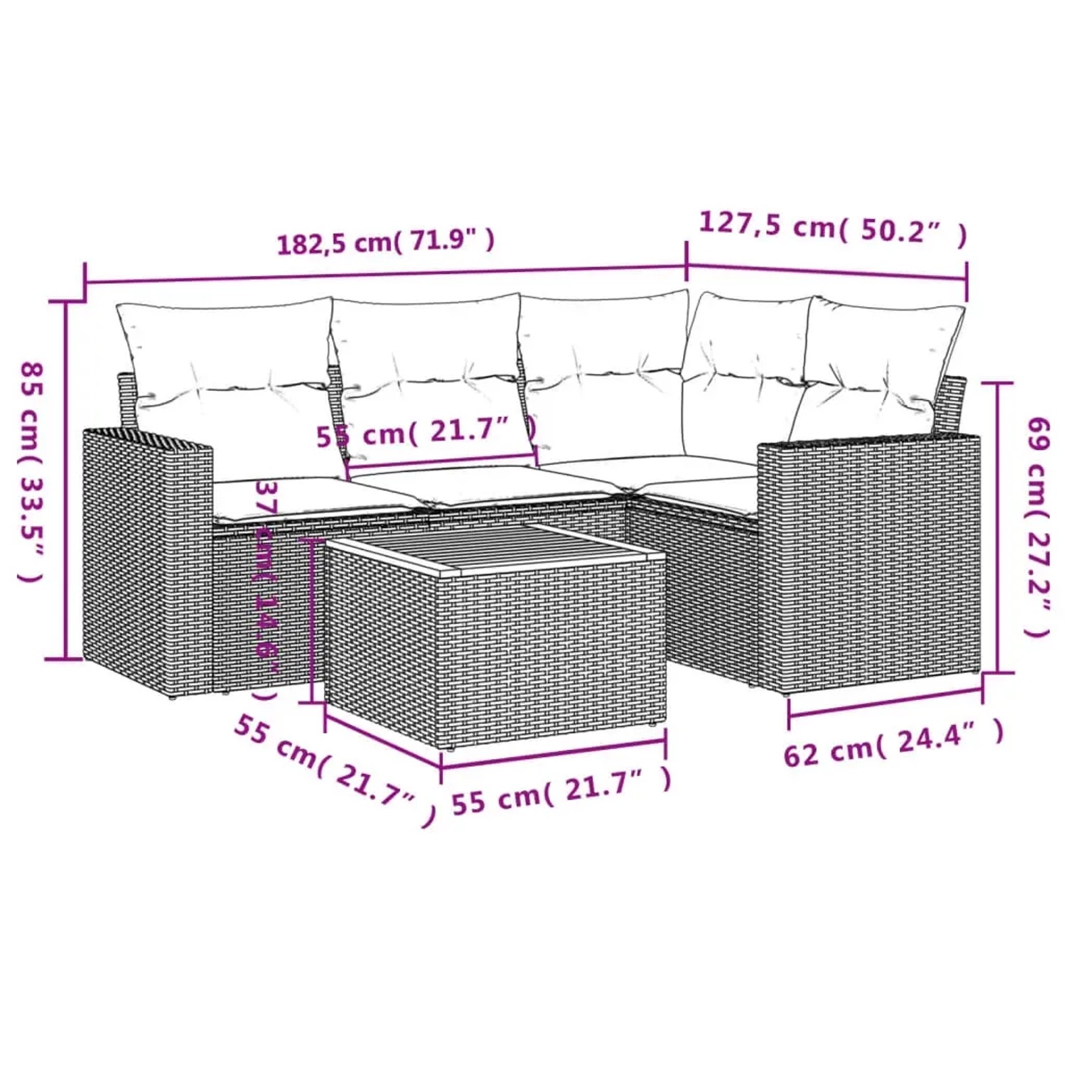 Beige 5-tlg. vidaXL Garten-Sofagarnitur aus Rattan mit Kissen. Gartenmöbel-Set mit Tisch.
