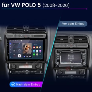 Junsun Autoradio VW Polo 5: Upgrade mit großem Touchscreen, CarPlay & Android Auto. Vorher/Nachher-Ansicht im Dashboard.