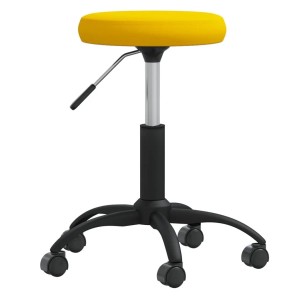 Senfgelber Samt Bürostuhl, drehbar, mit runder Sitzfläche, höhenverstellbar und Rollen. Ideal für Büro.