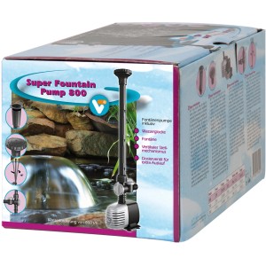Verpackung der VT Teichpumpe Super Fountain 800 mit Fontäne und Zubehör.