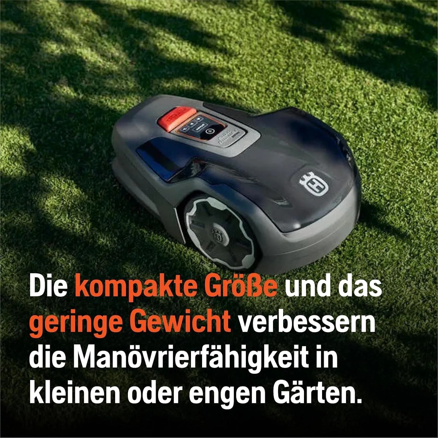 Husqvarna Aspire R4 Mähroboter auf Rasen, kompaktes Design, einfache Steuerung per App.