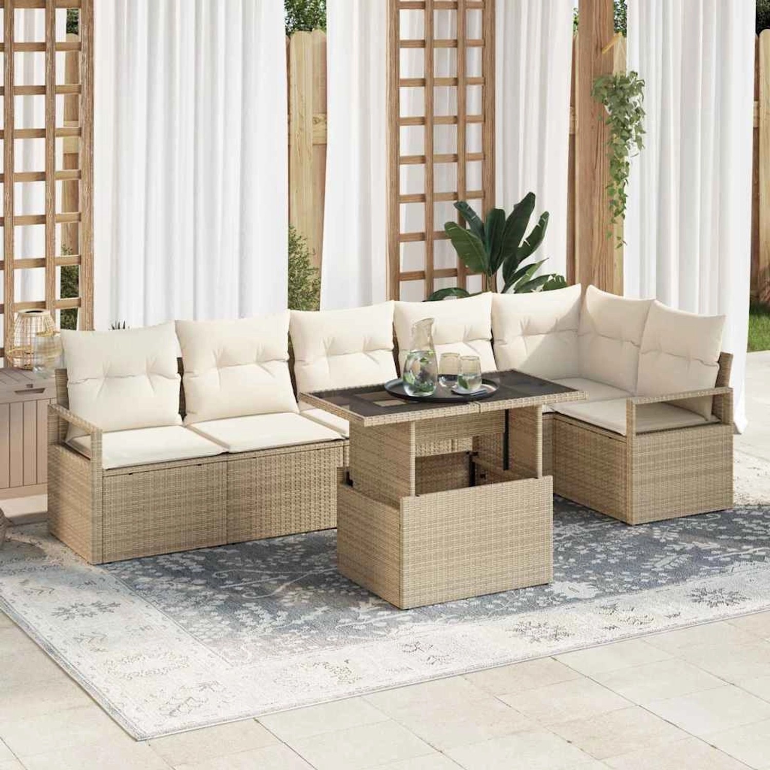 Beiges 7-teiliges vidaXL Garten-Sofa-Set aus Polyrattan mit Tisch und Stauraum.