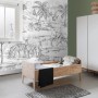 ESTAhome Fototapete Dschungeltiere in Schwarz-Weiß im Kinderzimmer mit Bett und Teppich.