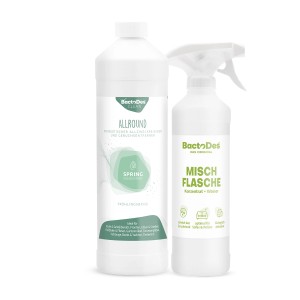 BactoDes Clean Allround Reiniger mit Frühlingsduft, 1L Flasche und Mischflasche.