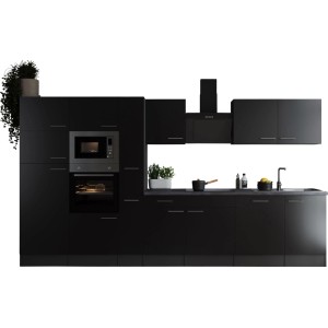 Respekta Küchenzeile Oliver, 370 cm, Schwarz, mit E-Geräten und Spüle.