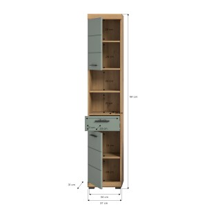 Bad-Hochschrank in Salbei/Eiche, 37x191x31 cm, mit Regalfächern und Schublade. FSC®-zertifiziert.