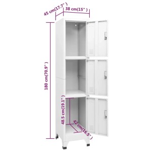 Weißer vidaXL Schließfachschrank mit 3 Fächern, teilweise geöffnet, zur Illustration der Abmessungen.
