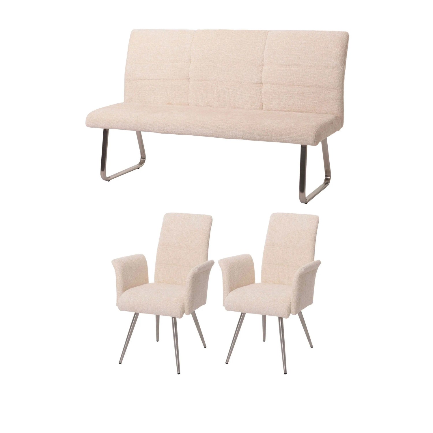 MCW Esszimmer-Set G55 2er-Set Stuhl mit Armlehne+Sitzbank 160cm 3-teilig Stoff Chenille Creme