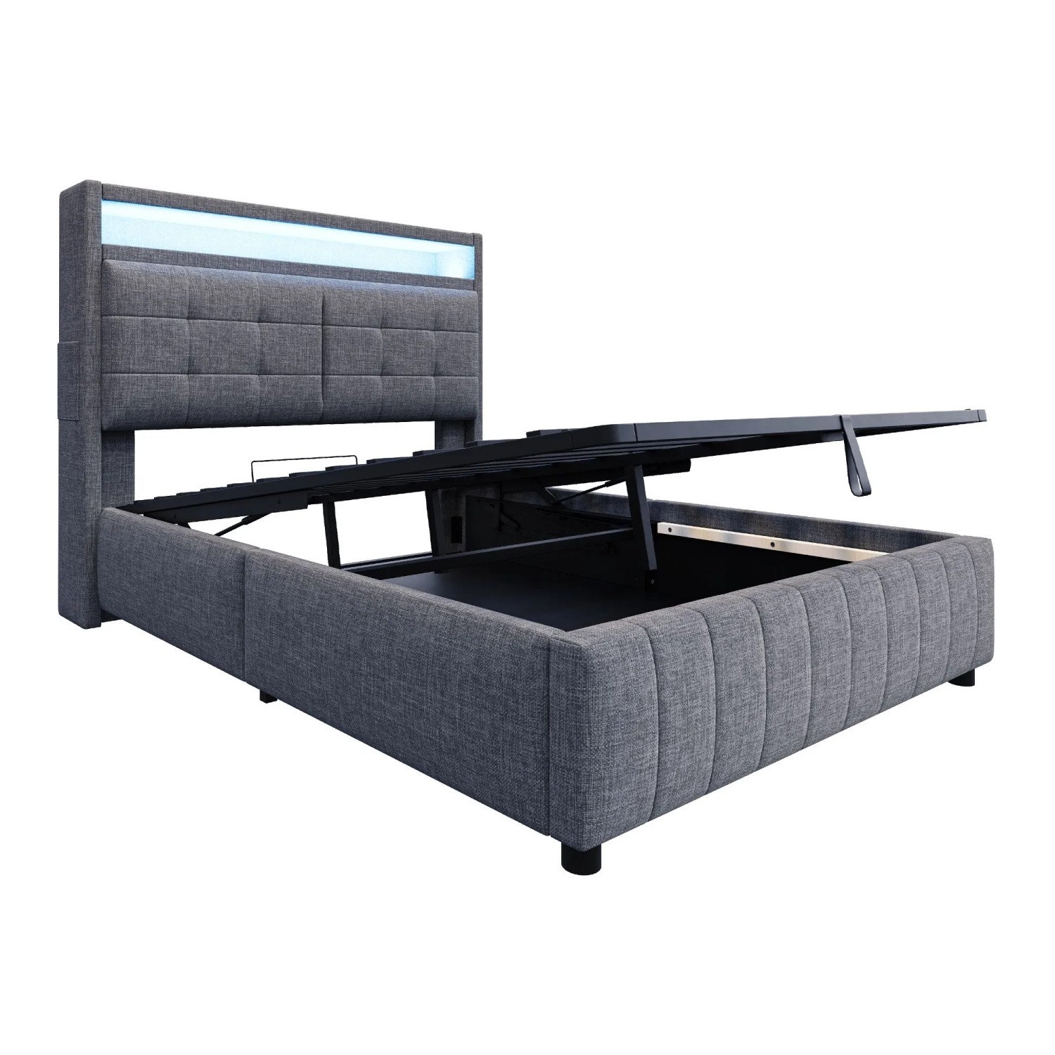 okwish Polsterbett 140x200cm mit LED Stauraum Doppelbett Grau ohne Matratze