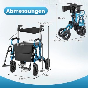 Costway Rollator mit Luftbereifung 2-In-1 Rollstuhl Bis 140 kg Blau