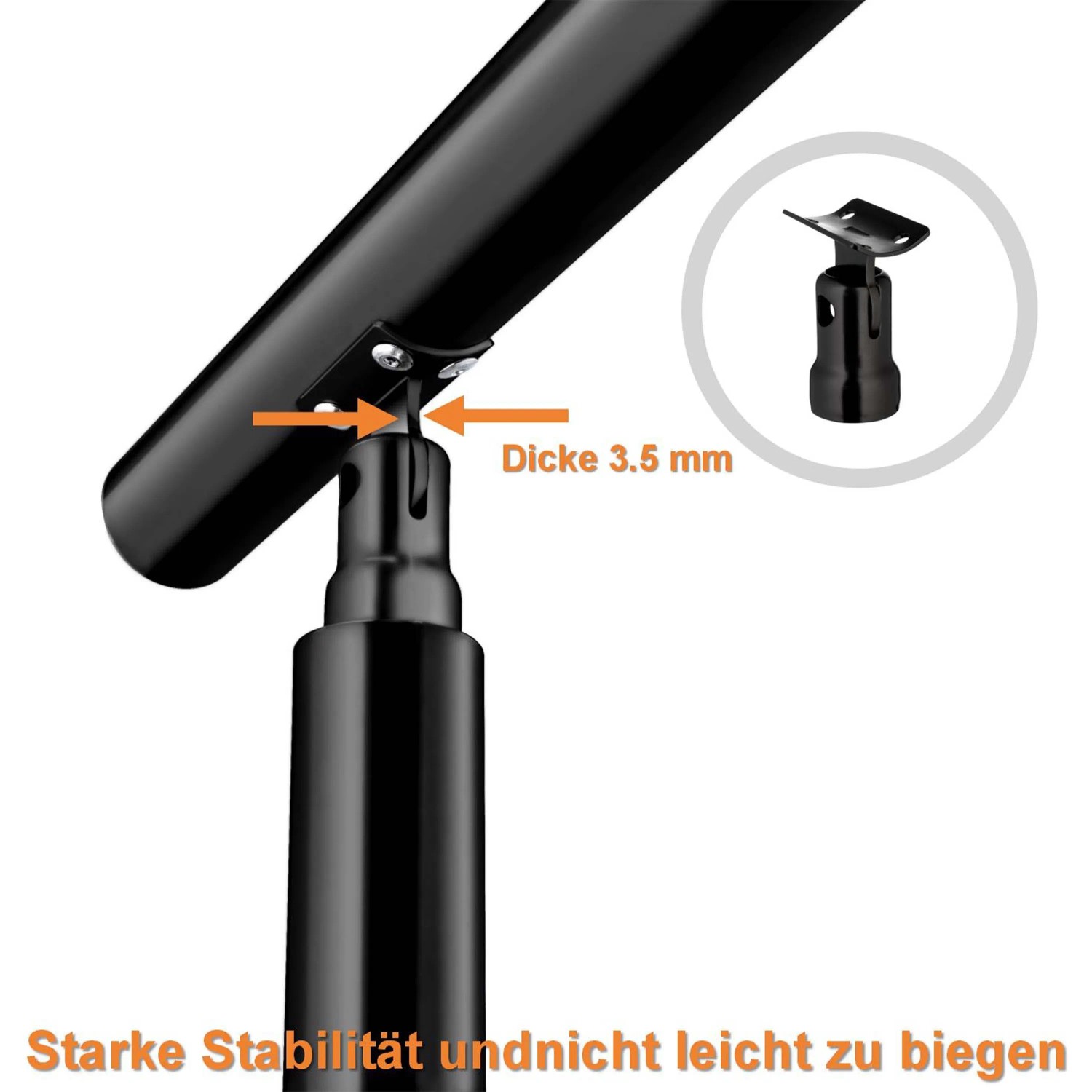 Schwarzes Edelstahlgeländer: Detail der 3,5 mm starken Trägerplatte für maximale Stabilität. Treppen Zubehör.