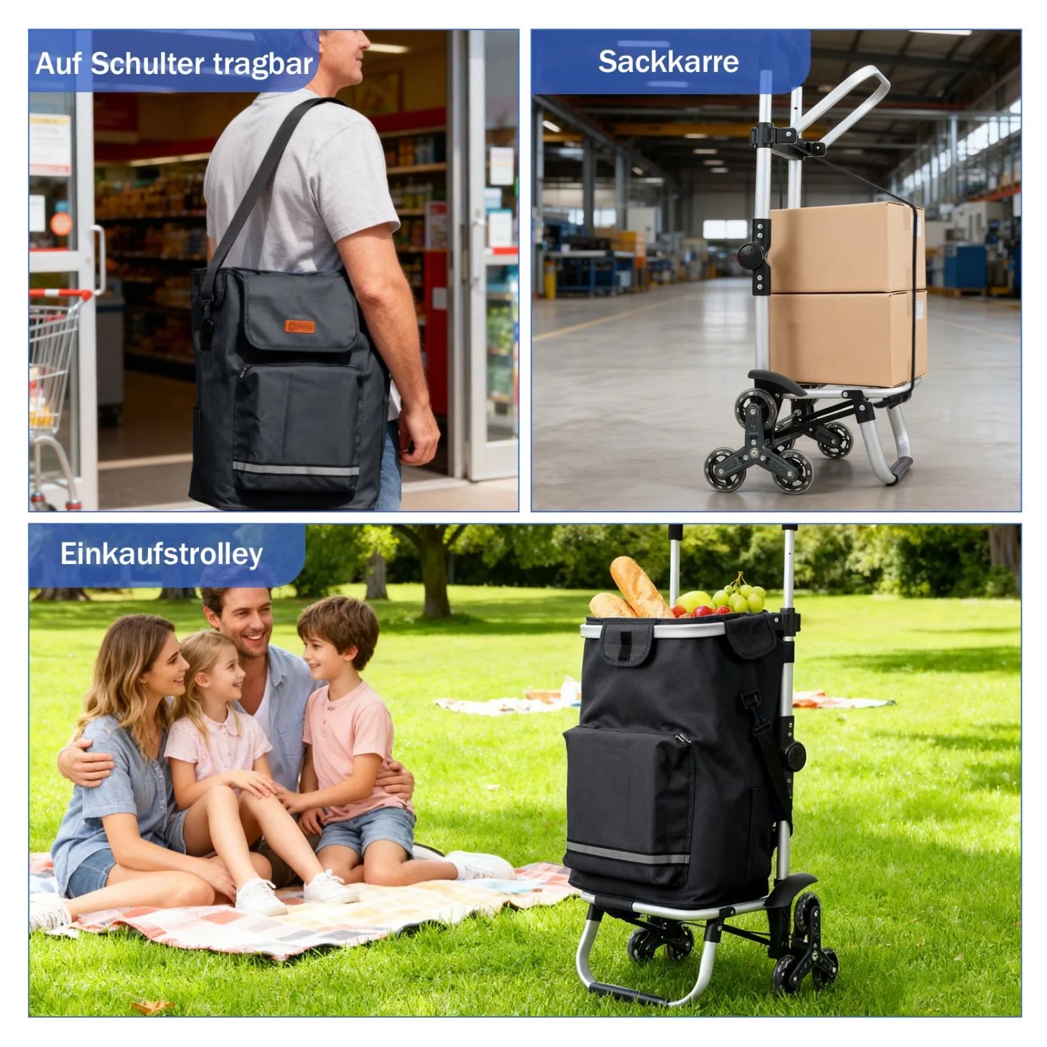 Sekey 3-in-1 Einkaufstrolley: Faltbarer Treppensteiger mit Kühlfach und Spanngurt, in Schwarz.