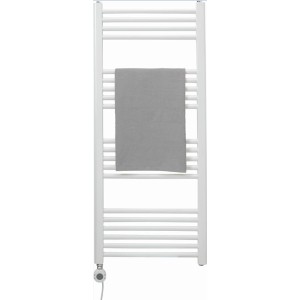 Weißer, elektrischer Badheizkörper Wuppertal 2.0 mit Handtuch, 120x50 cm.