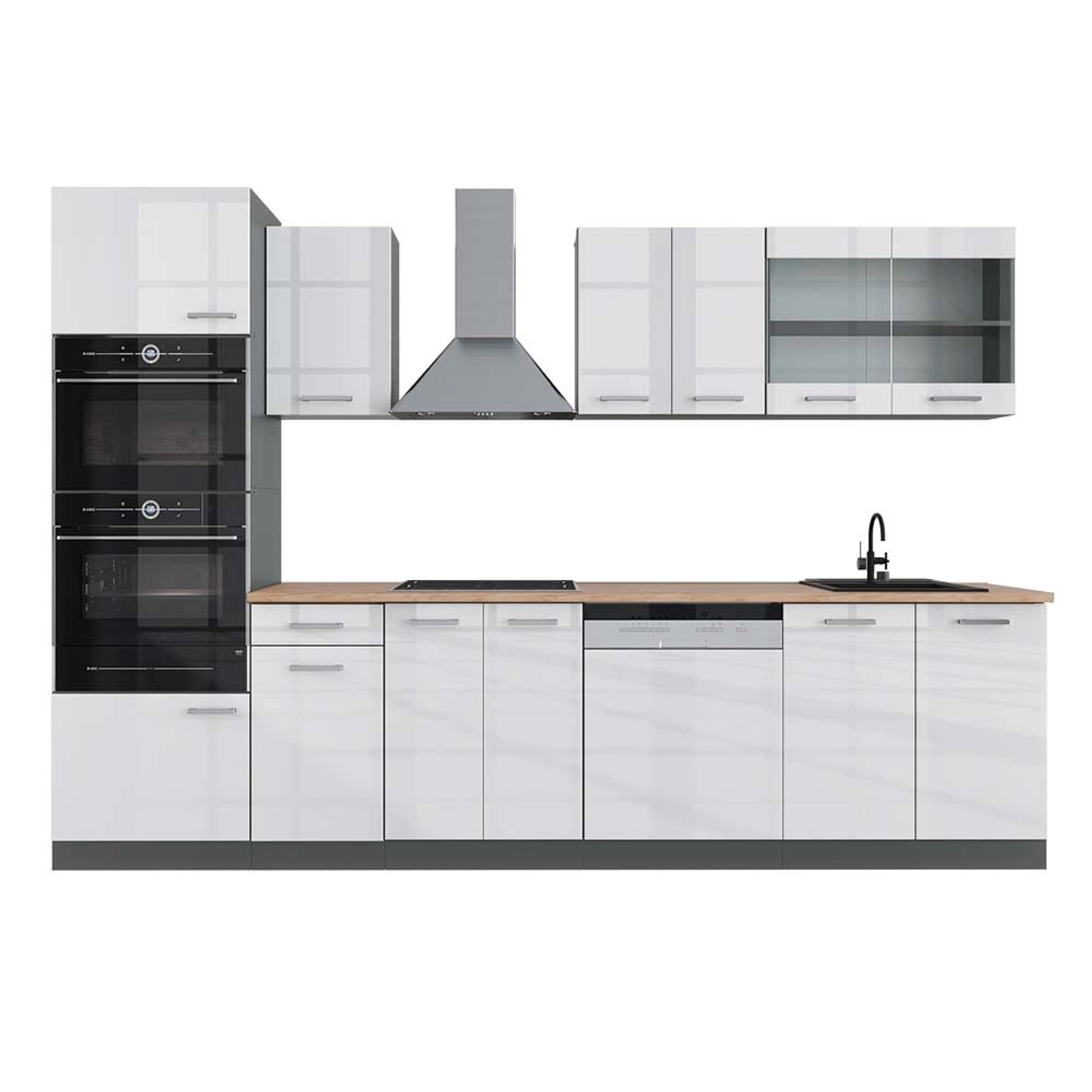 Vicco R-Line Küchenzeile Weiß Hochglanz/Anthrazit 300 cm mit HochschrankAP günstig online kaufen