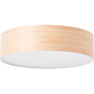 Holzfarbene, runde Deckenleuchte Romm (Ø 38cm) mit weißem Lampenschirm für Innenräume.