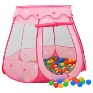 Rosa Kinder-Spielzelt mit bunten Bällen, ideal für Camping und Spielen im Haus.