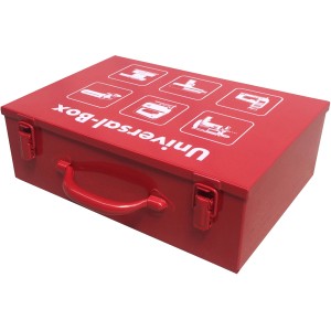 Roter Maschinenkoffer aus Metall mit Tragegriff und Werkzeug-Symbolen.