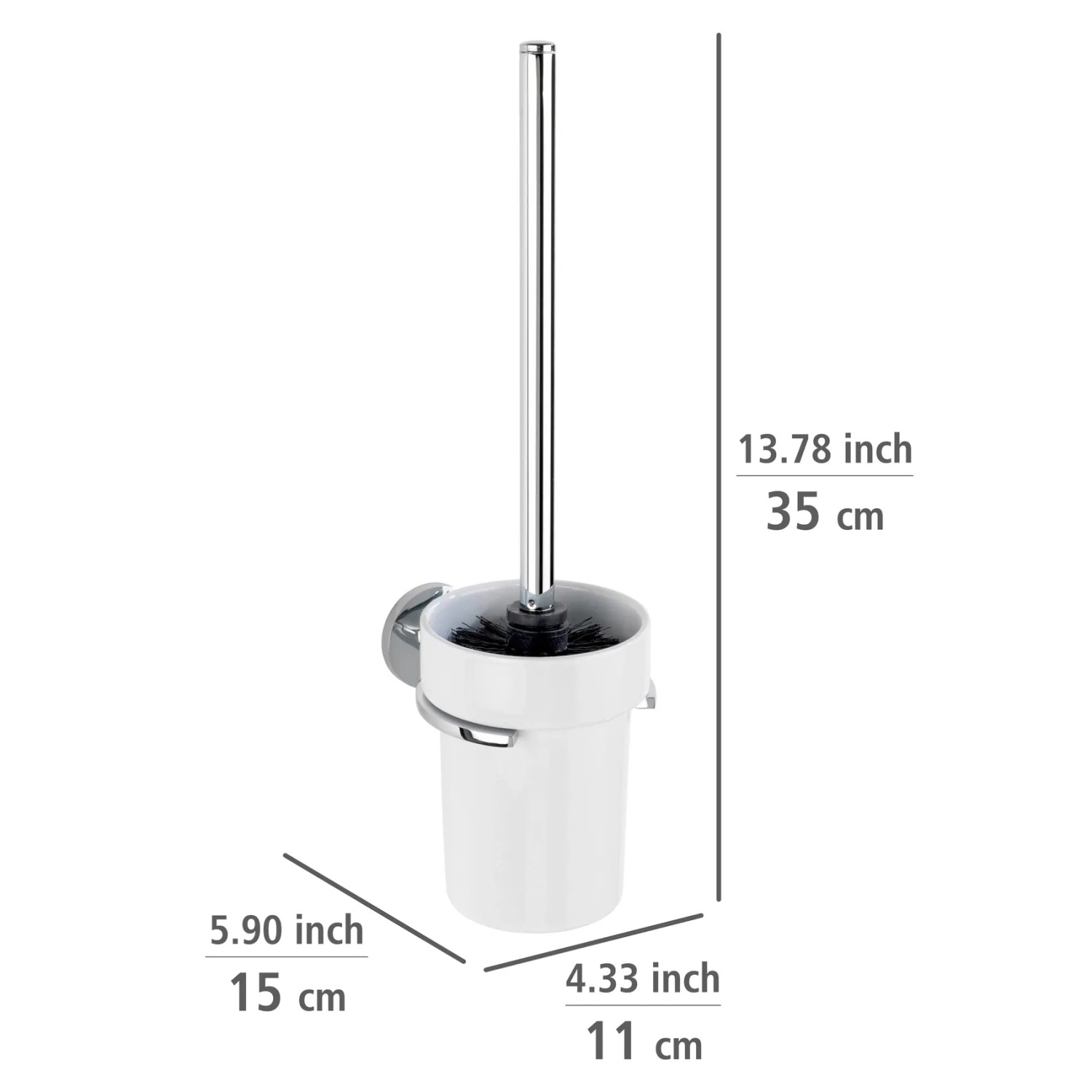 Wenko WC-Garnitur Isera in Silber Glänzend mit Wandhalterung und weißen Keramikbehälter.