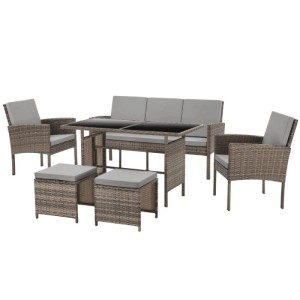 Svita Denver Polyrattan Gartenmöbel Set: braune Lounge-Essgruppe mit Sofa, 2 Sesseln, Tisch, 2 Hockern, grauen Kissen.