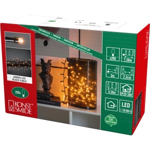 Verpackung der Konstsmide Micro LED Büschellichterkette mit 200 bernsteinfarbenen LEDs für den Innenbereich.