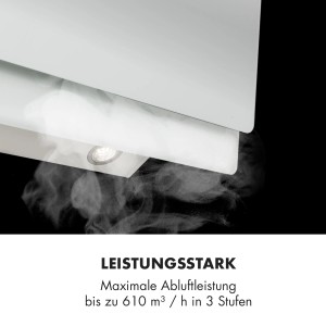 Weiße Klarstein Aurica 90 Dunstabzugshaube aus Glas mit LED-Beleuchtung, die Kochdampf effektiv absaugt.