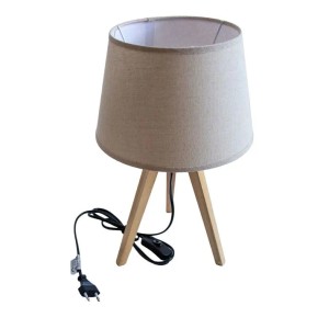 Frank Flechtwaren Tischlampe Nature mit dreibeinigem Holzgestell und beigem Schirm in Leinenoptik, inkl. Schalter.