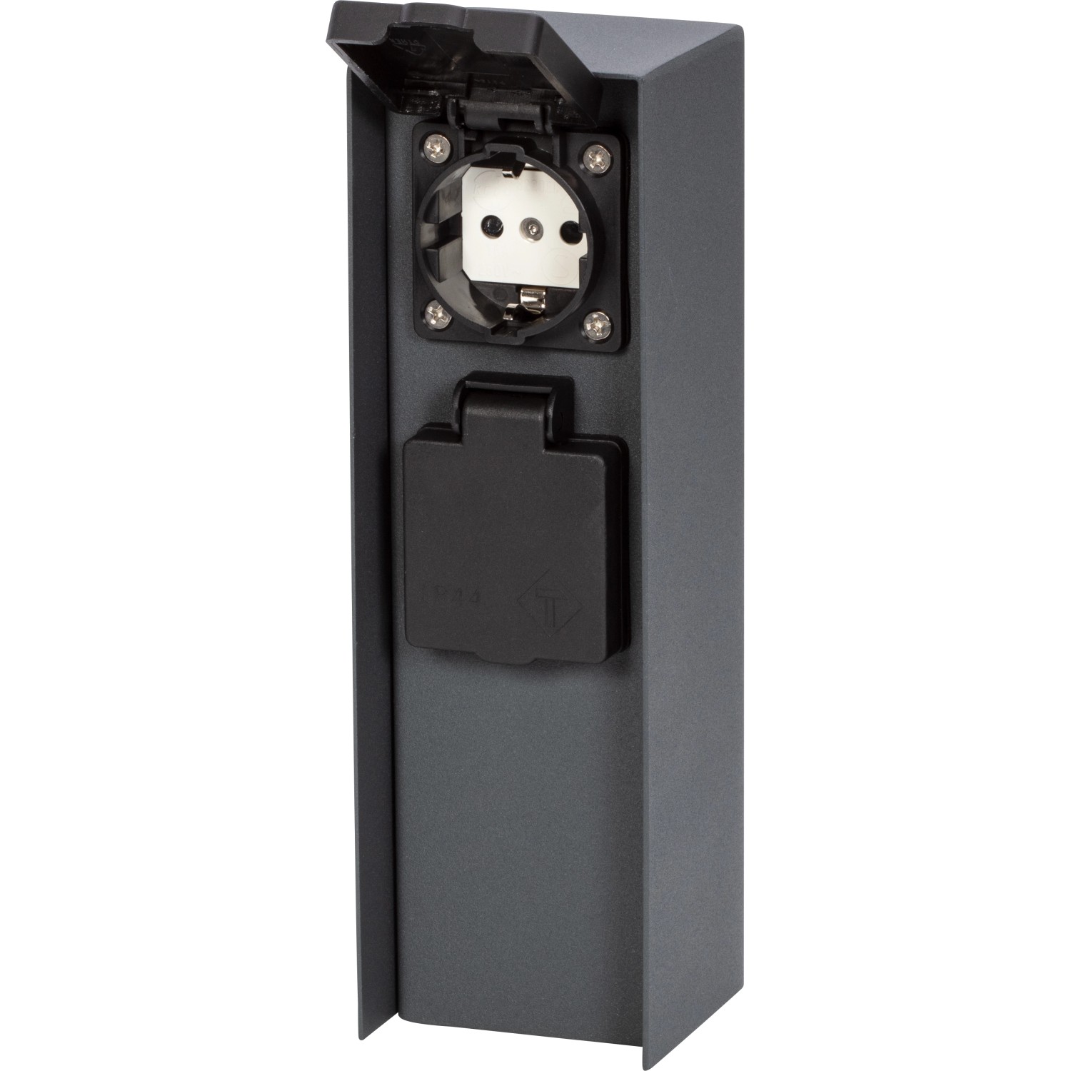 Anthrazitfarbene 2-fach Steckdosensäule IP44 für den Außenbereich.