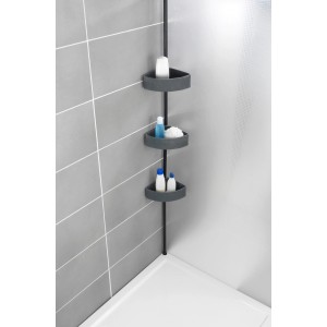 Wenko Teleskop-Eckregal Villata, schwarz-grau, mit 3 Körben im Duschbereich.