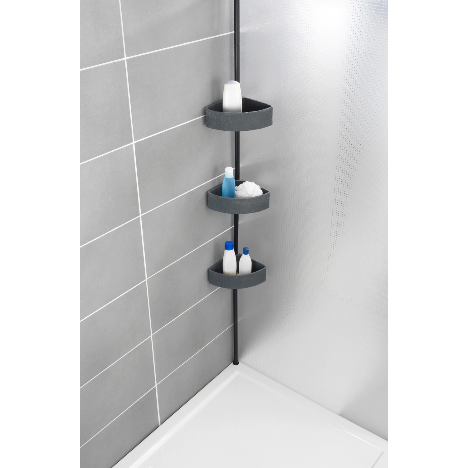 Wenko Teleskop-Eckregal Villata, schwarz-grau, mit 3 Körben im Duschbereich.