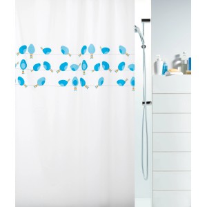 Spirella Duschvorhang Birdy Blue mit blauem Vogel-Motiv, 200x180 cm.