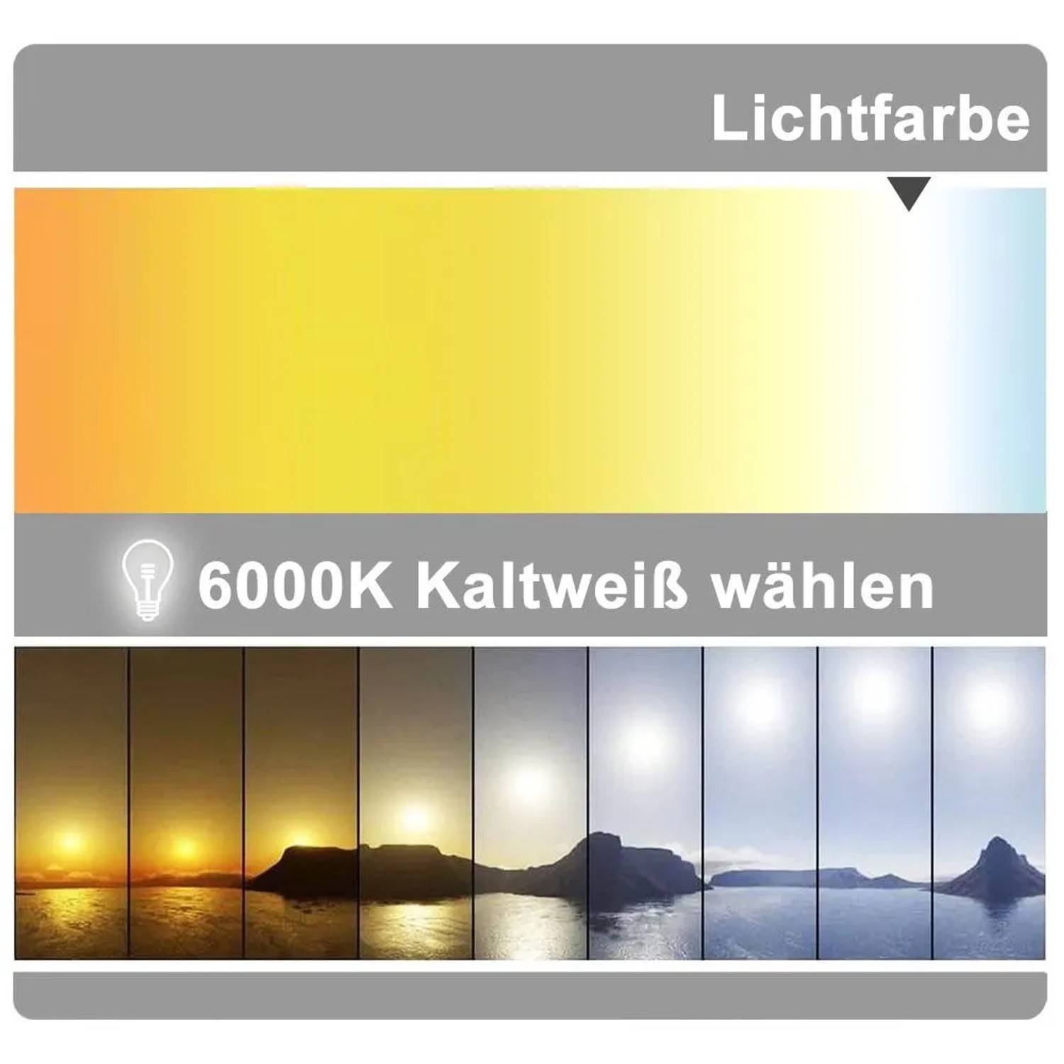 LED Badspiegel Lichtfarben-Spektrum: 6000K Kaltweiß Auswahl. Visualisiert verschiedene Lichtstimmungen.