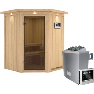 Karibu Sauna-Set Lyra mit Ofen, Dachkranz und Graphit-Tür. Massivholzsauna mit Ofen und Steuerung.