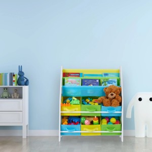 Relaxdays Kinderregal Spanplatte Stoff Metall Bunt Mit 6 Boxen und 2 Hängefächern 74 cm x 62 cm x 31,5 cm 5 kg