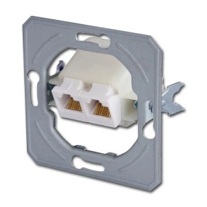 Weiße TEM EKONOMIK 2-fach RJ45 Netzwerkdose Cat5e mit goldenen Kontakten im Unterputz-Rahmen.