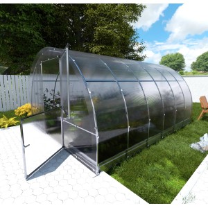 Klasika Easy Gewächshaus 12m² mit Polycarbonat, Tür geöffnet. Robustes Tunnelgewächshaus für den Garten.